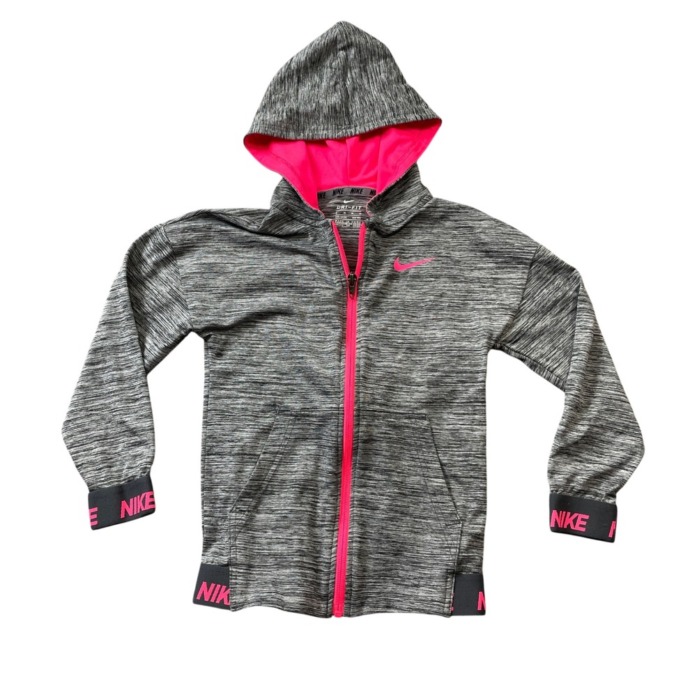 Nike Small 5/6 Years Hoodie Full Zip Polyester Blend Grey w/ Pink Kangaroo Pocke